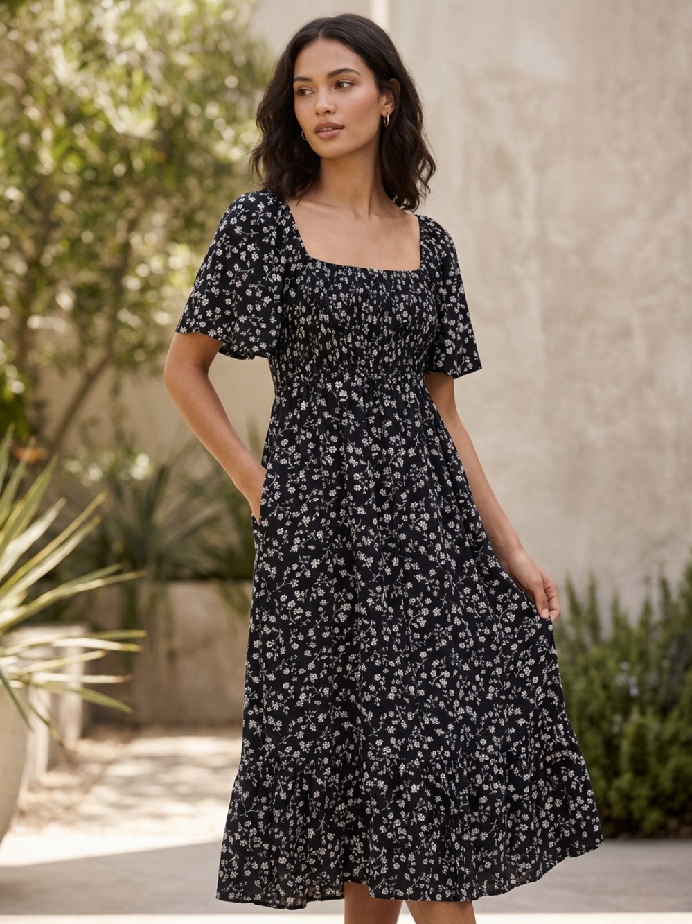 Sirenlily Maternity Smocked Bodice Flutter Sleeve Cottagecore Dress Small